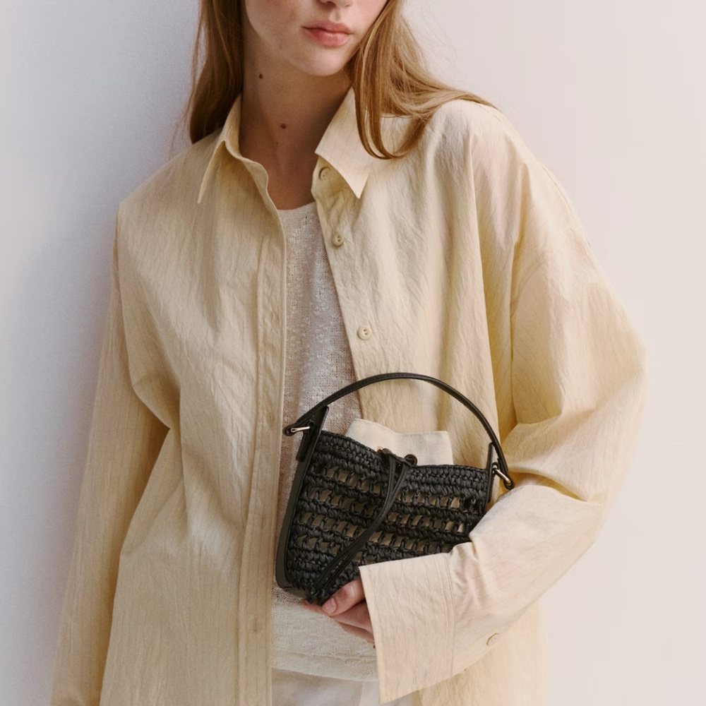 Woven Straw Black Leather Handbag